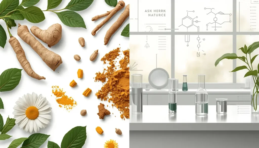 Nature meets science in herbal supplements, showing medicinal herbs like ashwagandha and turmeric alongside laboratory research tools, representing evidence-based natural wellness.